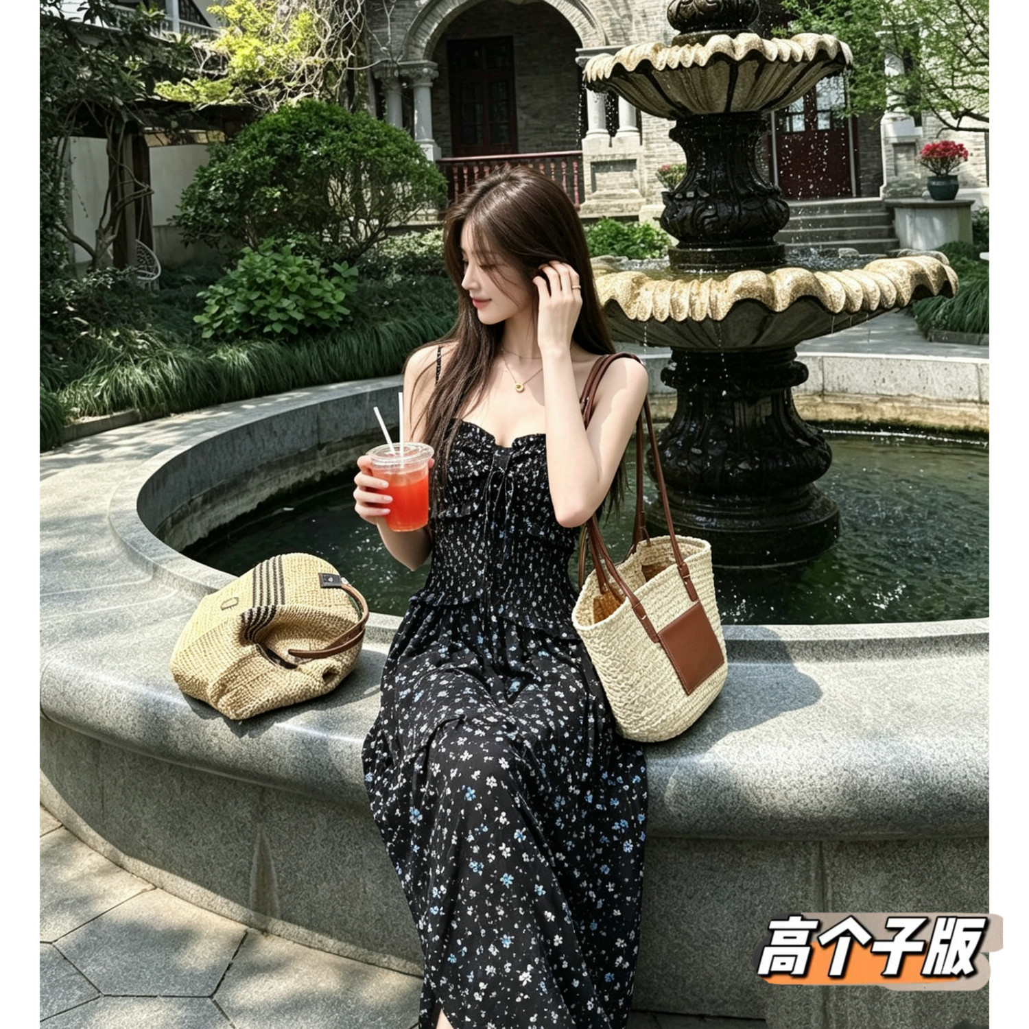猫猫家加长女裤高个子超长款松紧收腰夏季小碎花吊带裙显瘦连衣裙