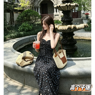 猫猫家加长女裤高个子超长款松紧收腰夏季小碎花吊带裙显瘦连衣裙
