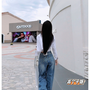 猫猫家加长女裤秋冬美式复古字母烫钻高腰牛仔裤女弯刀宽松阔腿裤