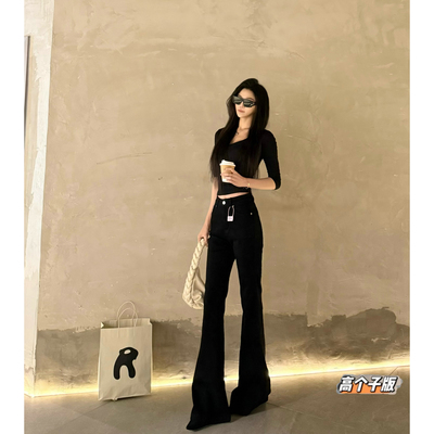 猫猫家加长女裤高个子黑色不贴腿喇牛仔裤女高腰显瘦修身喇叭裤女