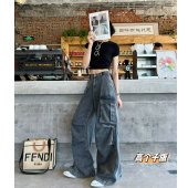 女小众显瘦宽松水洗休闲阔腿裤 猫猫家加长女裤 牛仔裤 复古工装 美式