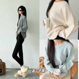 猫猫家高个子穿搭袖贴标圆领纯色毛感毛衣女冬季新款韩版针织衫潮