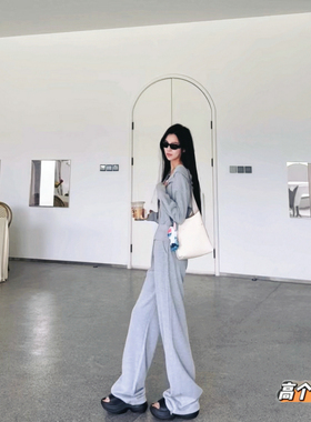 猫猫家加长女裤秋冬阔腿裤女灰色卫衣卫裤套装宽松显瘦垂感两件套