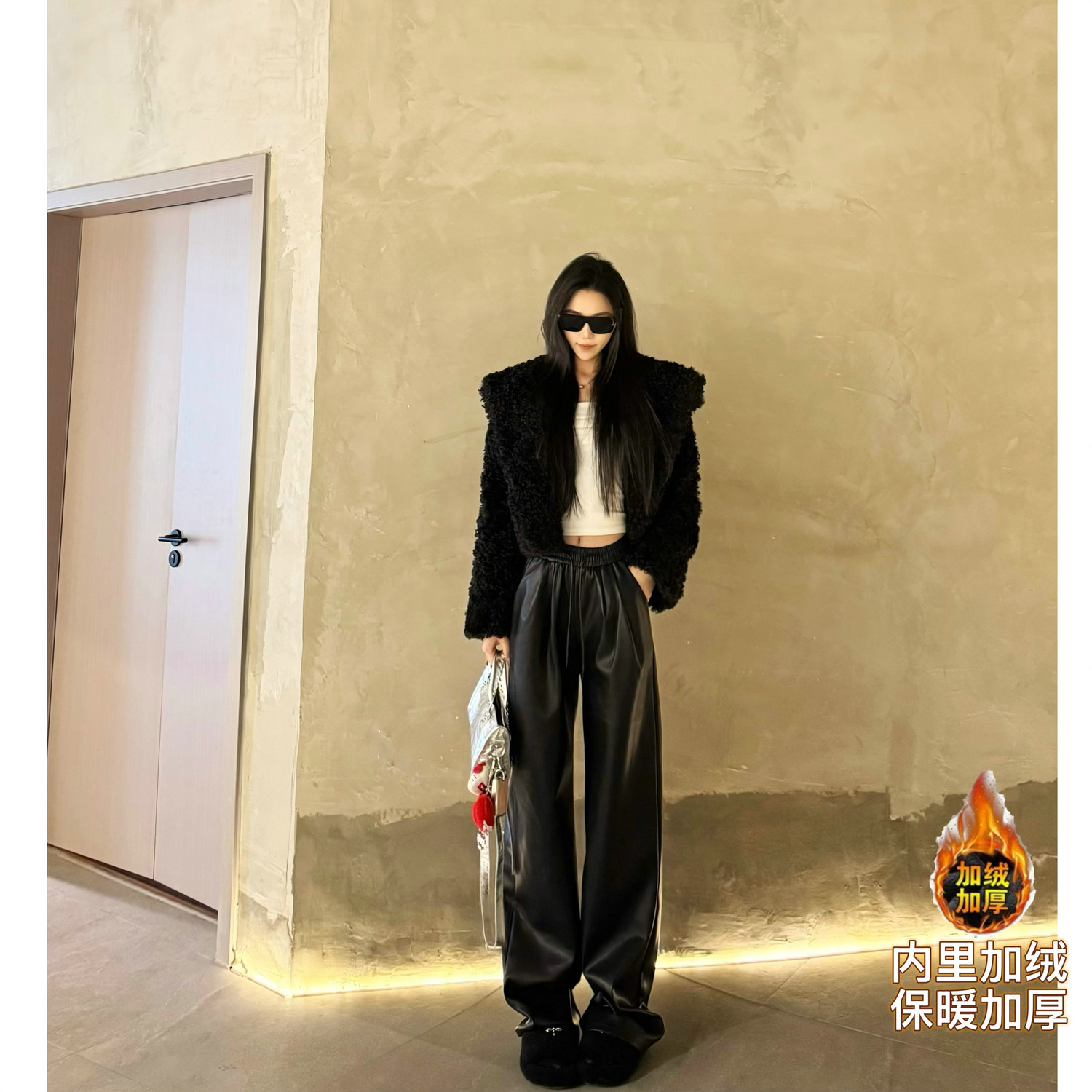 猫猫家加长女裤高个子黑色PU皮裤女宽松休闲裤高腰显瘦阔腿拖地裤