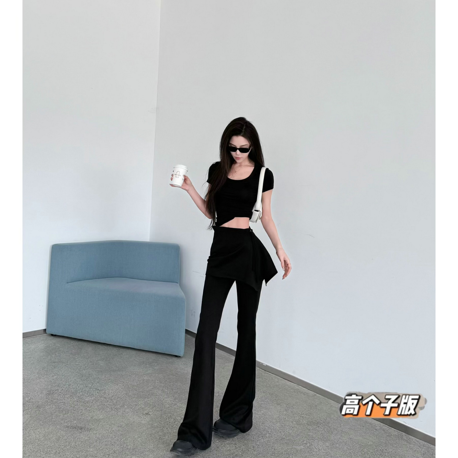 猫猫家加长女裤春夏薄款黑色纸片人微喇裤可拆卸裙裤T恤两件套女