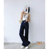 高腰宽松直筒裤 女夏季 子 春夏深蓝色丹宁阔腿牛仔裤 猫猫家加长女裤