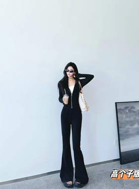 猫猫家高个子加长套装辣妹拉链收腰连帽卫衣抽绳微喇休闲裤两件套