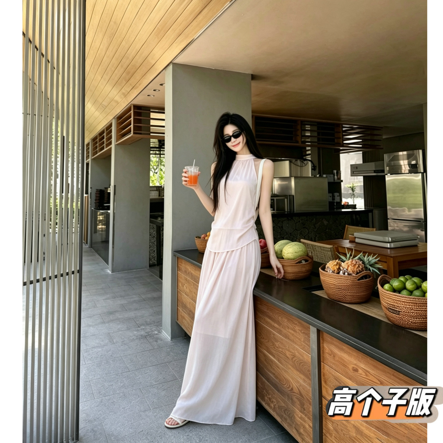 猫猫家高个子加长套装女夏季挂脖上衣长裙套装高级感雪纺两件套潮