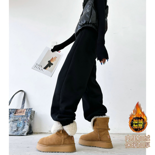 女 阔腿裤 高个子加长女裤 秋冬加绒加厚厚实保暖松紧高腰缩口休闲裤