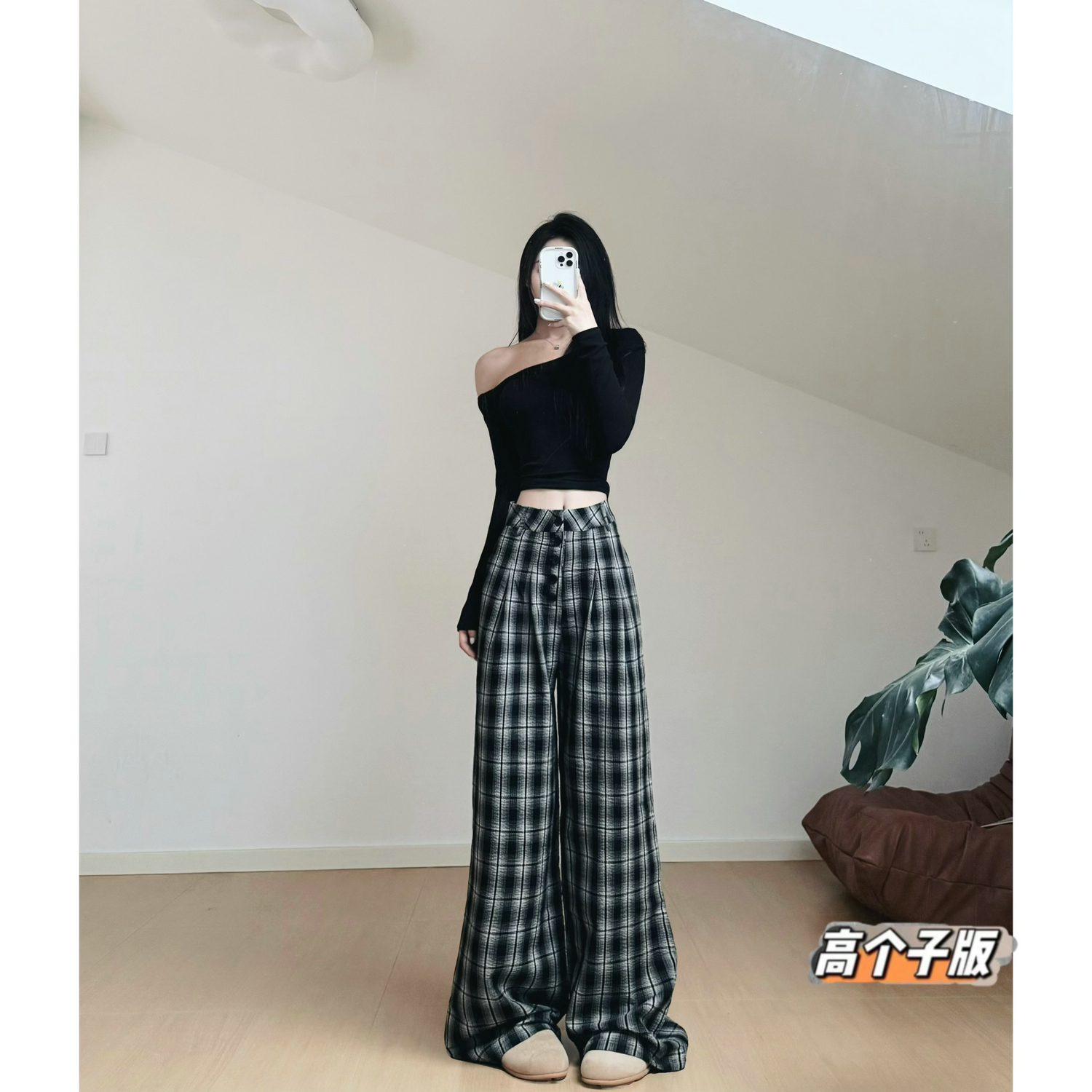 高腰原创猫猫家长裤格子加长女裤
