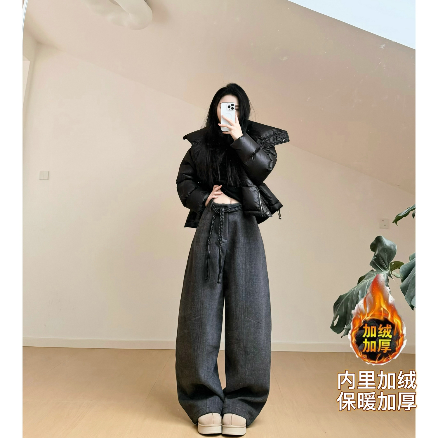 猫猫家加长女裤秋冬加绒加厚18羊毛毛呢阔腿弯刀气球裤宽松拖地裤