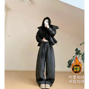 宽松拖地裤 猫猫家加长女裤 秋冬加绒加厚18羊毛毛呢阔腿弯刀气球裤