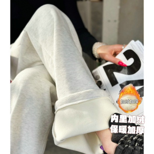 猫猫家加长女裤加绒加厚运动裤女冬季窄版阔腿保暖裤直筒休闲卫裤