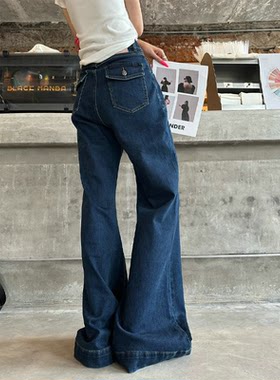 猫猫家加长女裤秋冬深蓝色牛仔裤女高个子微喇高腰显瘦弹力长裤子