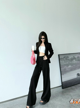 猫猫家175高个子加长黑色美式运动阔腿裤套装宽松显瘦卫衣两件套