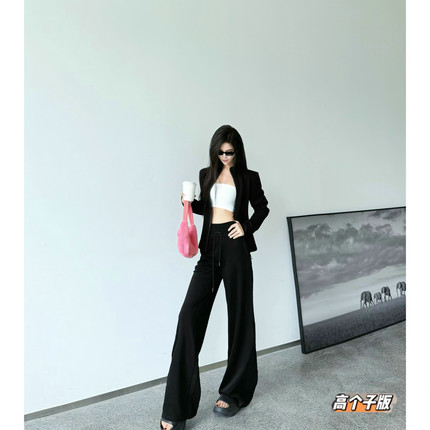 猫猫家175高个子加长黑色美式运动阔腿裤套装宽松显瘦卫衣两件套