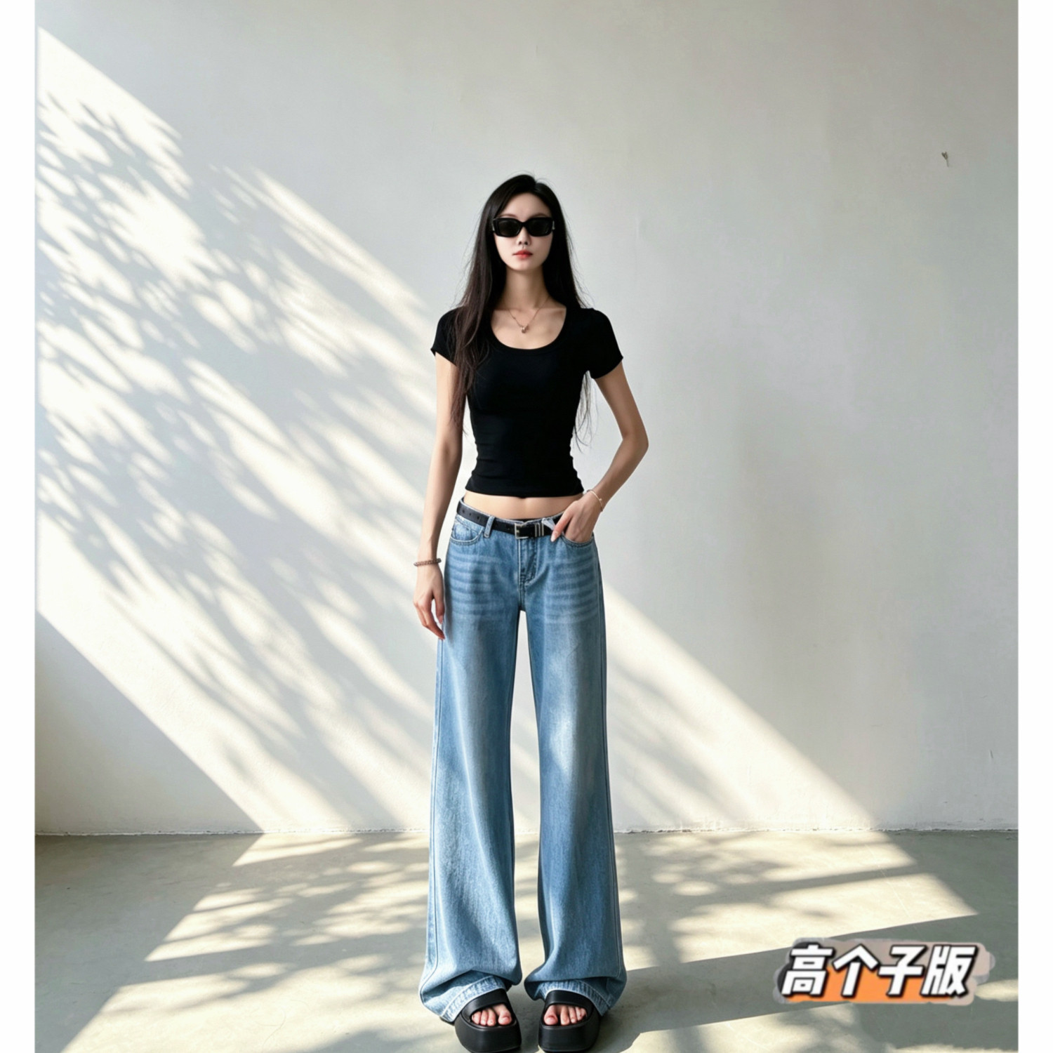 加长女裤高个子无腰头设计牛仔裤图片