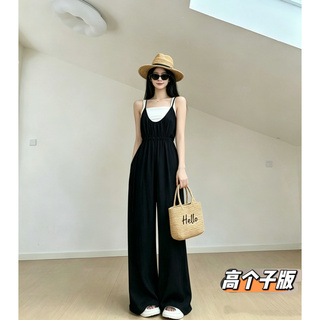猫猫家加长女裤高个子夏季黑色连体衣裤女无袖收腰宽松阔腿背带裤