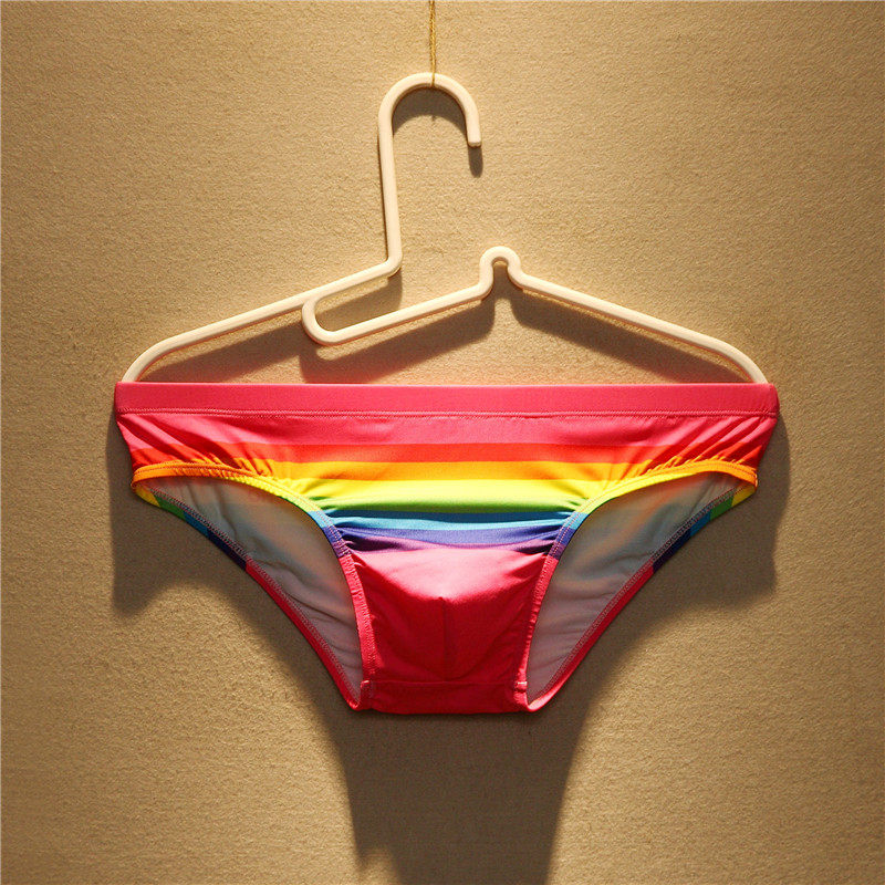 2条装时尚个性印花内裤男士低腰透气紧身彩虹条纹运动潮三角内裤