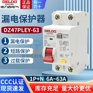 德力西空气开关32A漏电保护器DZ47PLEY断火断零16A过载40A家用63A