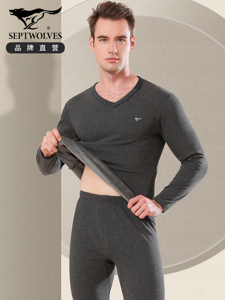 SEPTWOLVES 열 속옷 남자 벨벳 두꺼운 양복 낮은 칼라 아빠 V 넥 남자 가을 옷 가을 바지 탑 겨울