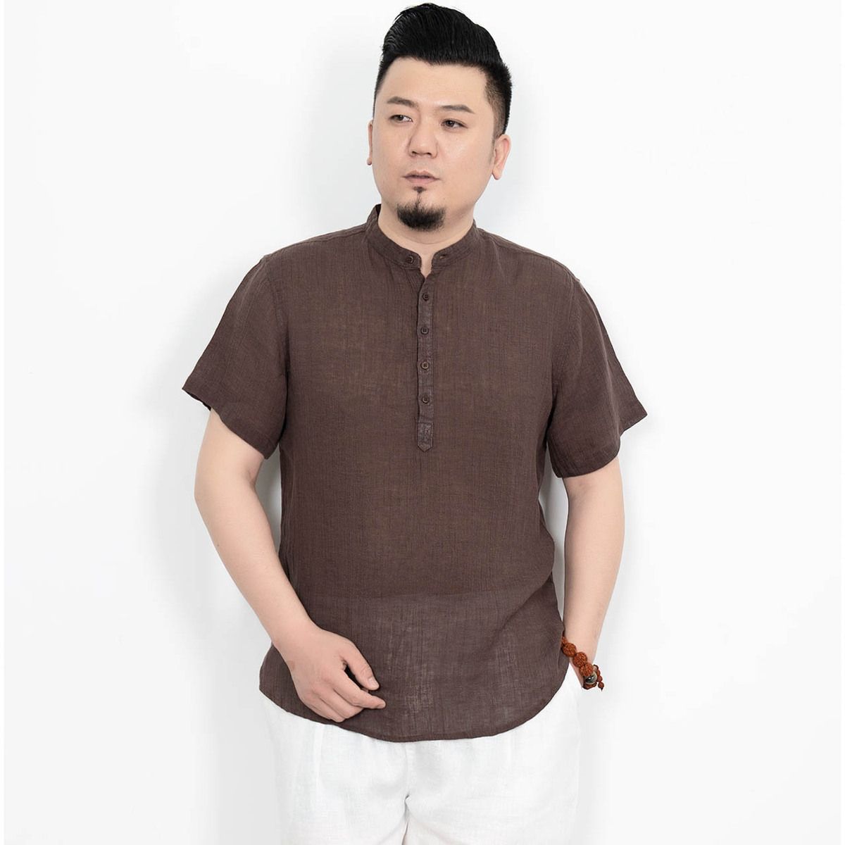 亚麻男士短袖衬衫夏季中式高端上档次衬衣年宽松透气套头衫衬衫