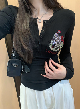 黑色猫咪加绒薄绒亨利杉修身长袖打底衫