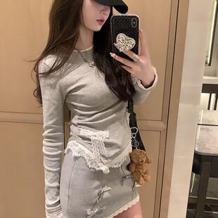 春打底T恤女 假两件设计感蕾丝蝴蝶结紧身长袖 庄大泥 拒绝单调