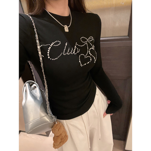 长袖 黑色优可丝薄绒软糯珍珠打底衫 修身