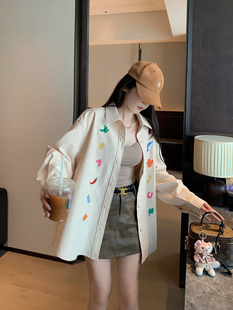 衬衣开衫 女2026春新款 重工设计感米杏彩色刺绣图标衬衫 庄大泥