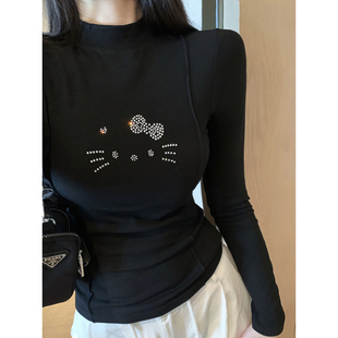 打底衫 黑色半高领磨毛猫咪烫钻修身 长袖