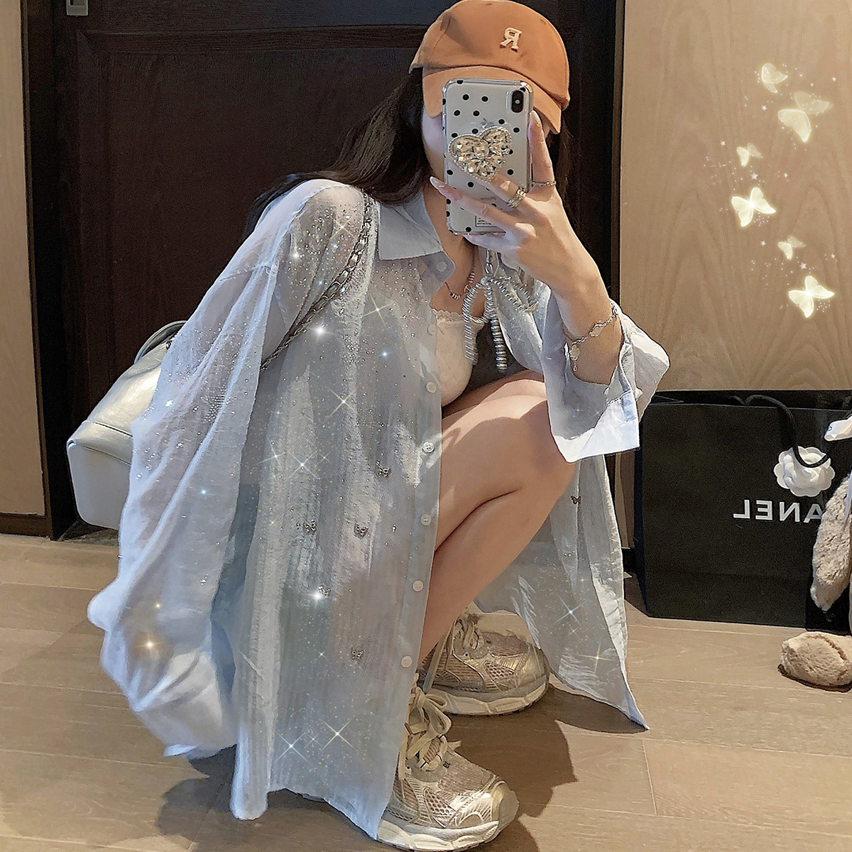 满钻蓝色薄款防晒衬衫女