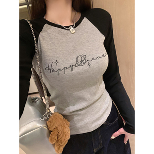 长袖 庄大泥 黑灰色字母烫钻插肩修身