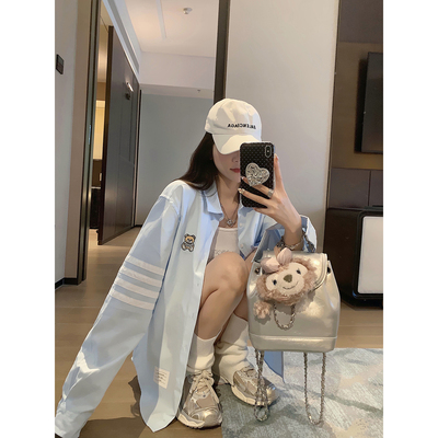 庄大泥 夏季薄款 淡蓝色刺绣小熊四条杆衬衫女