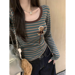 绿棕色条纹小熊修身 长袖