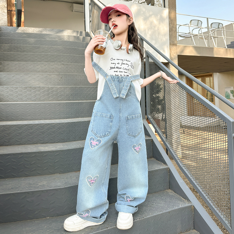 女童夏季新款套装儿童时尚牛仔背带裤中大童女孩洋气夏装两件套