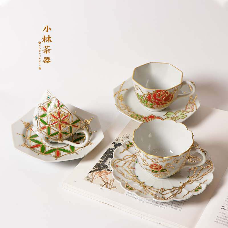 日本进口九谷烧陶瓷花卉纹咖啡杯碟套装 红茶下午茶杯
