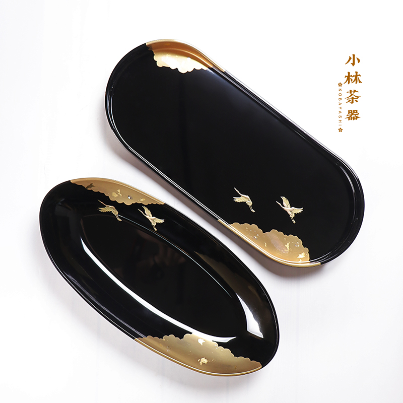 日本进口山中漆器 树脂漆盘金箔鹤长方形托盘茶盘果盘