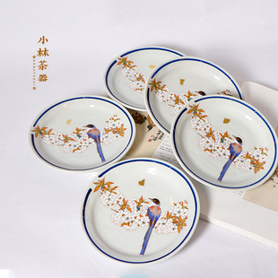 日本进口九谷烧陶瓷餐具 美山窑金箔山樱鸟图盘子