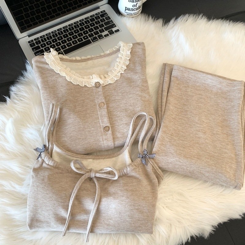 进口三件套保暖羊绒睡衣女美拉德咖色蝴蝶结吊带开衫简约秋冬款家