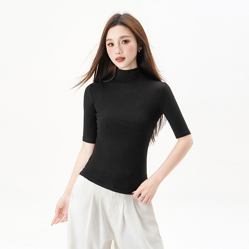 黑色螺纹半高领中袖t恤女2026春夏季新款正肩修身显瘦五分袖上衣