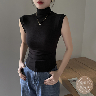 内搭2025年新款 黑色半高领螺纹吊带背心女夏季 弧形下摆百搭上衣潮