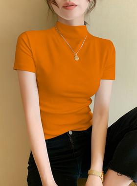 橙色短袖t恤女半高领纯棉夏季内搭2025年新款设计感修身打底上衣
