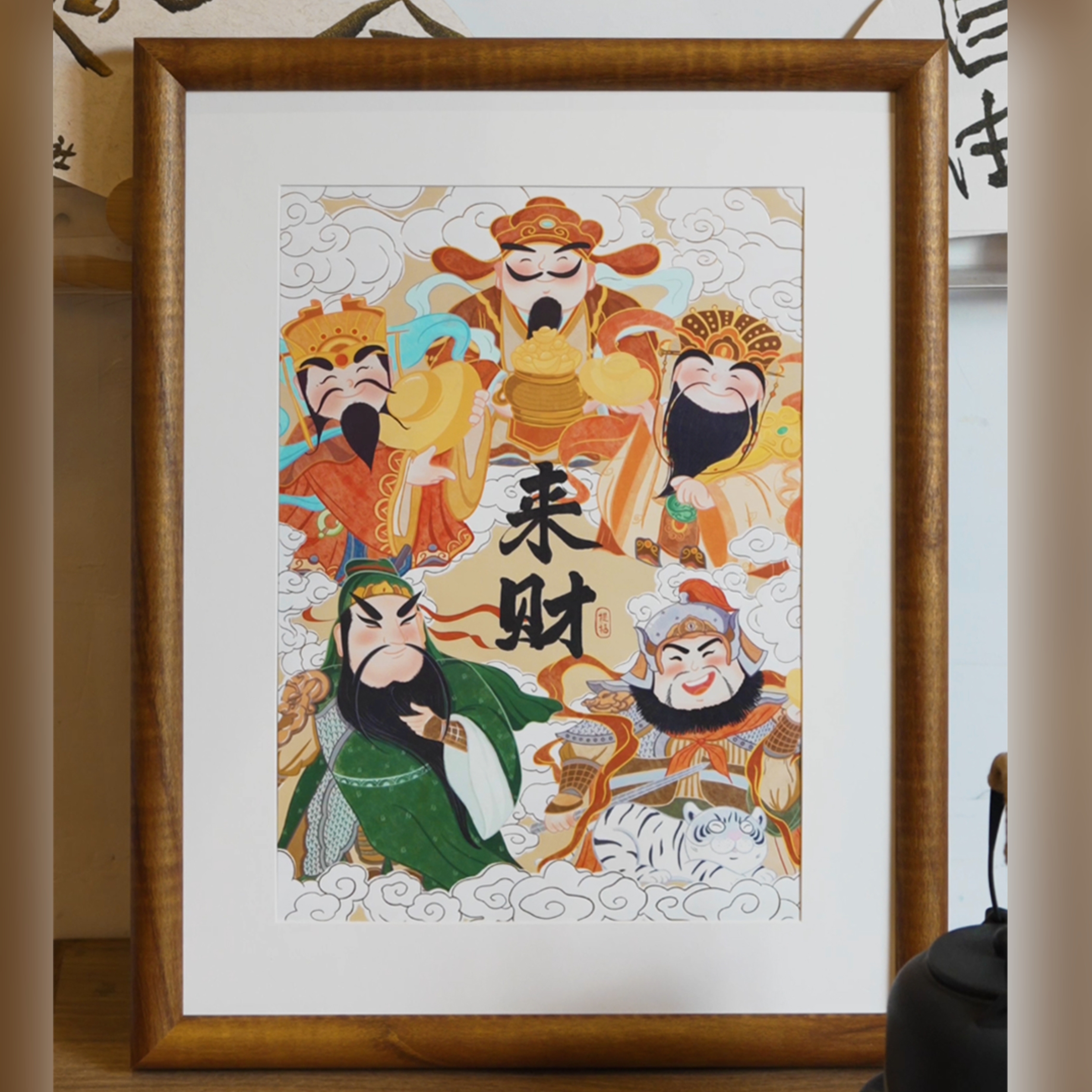 2026年五路财神爷创意实木小相框办公室桌面福禄寿喜财装饰画摆件