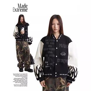 MADEEXTREME 五十万针混合绣花PU袖子秋季美式街头外套夹克男女