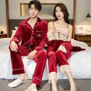 2025秋季新款情侣睡衣女金丝绒春秋冬性感三件套男士青年两件套装