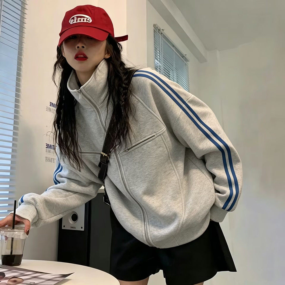 2026秋春女三条杠棒球夹克外套图片