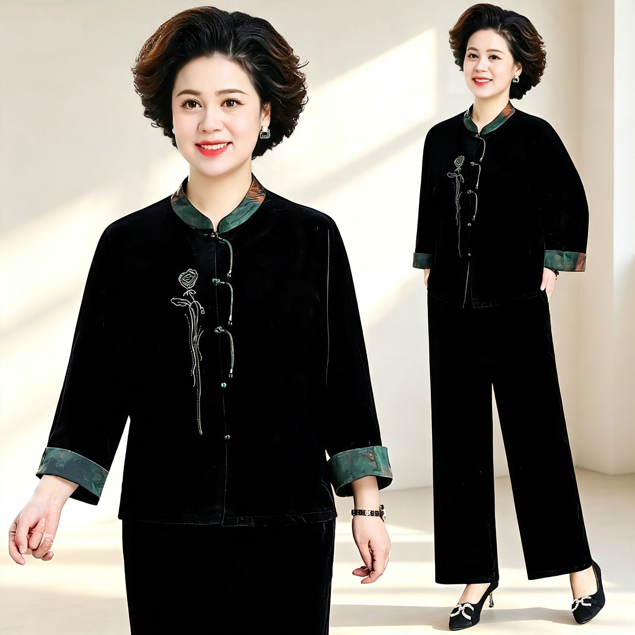 新中式金丝绒两件套女2026秋季妈妈装中老年国风盘扣刺绣休闲套装