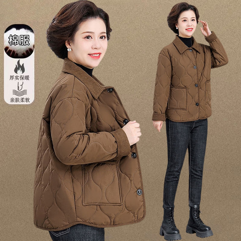 妈妈秋冬季夹棉外套中老年女装轻薄翻领棉服洋气保暖棉袄休闲棉衣