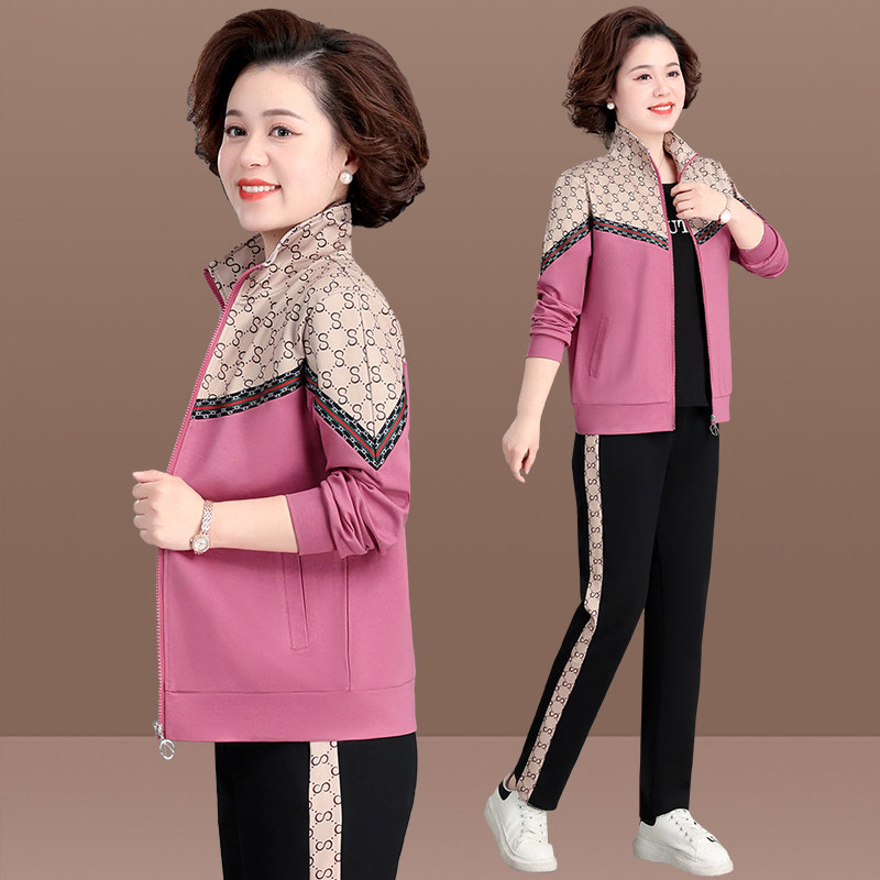 中老年妈妈春装运动服品牌外套女春秋中年40岁50洋气上衣三件套装